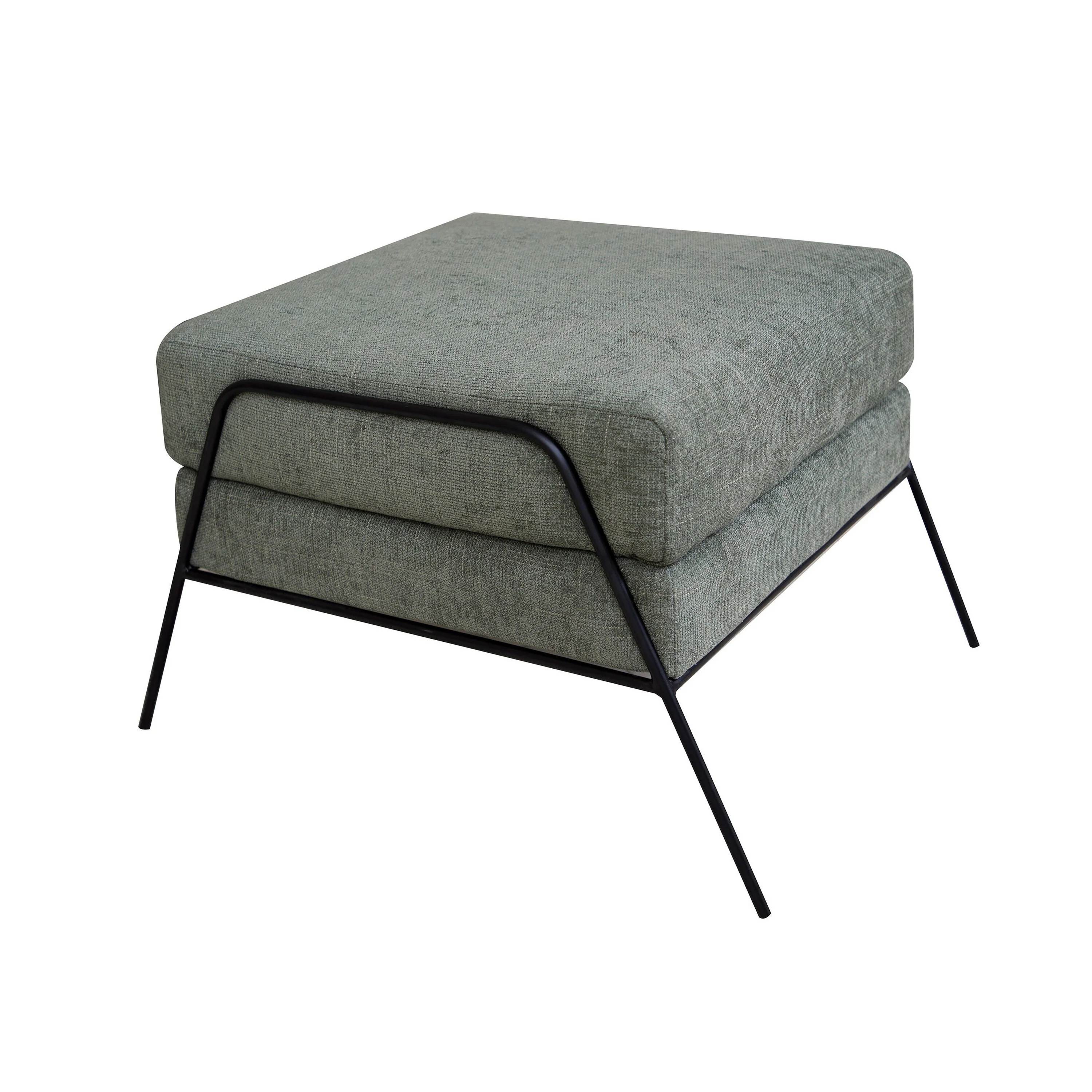 Tyna Ottoman, 27 Inch, Industrial Black Iron Legs, Olive Green Polyester
