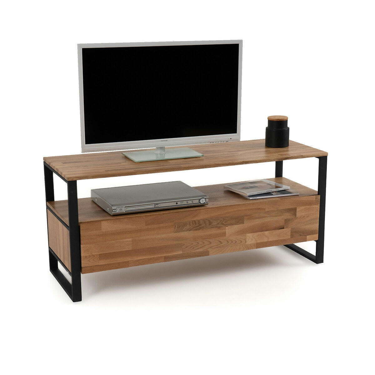 Banc TV, chêne massif abouté et acier, Hiba