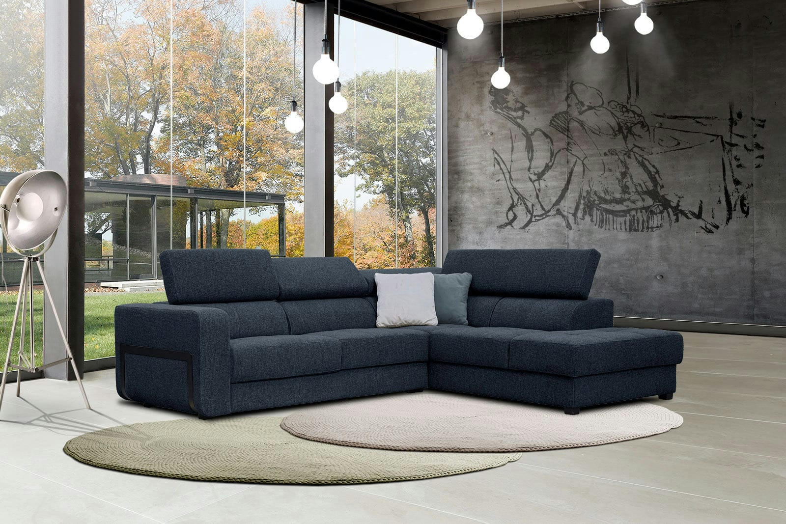 BERGO - Canapé d'angle droit 5 places en tissu bleu foncé avec coussins déco