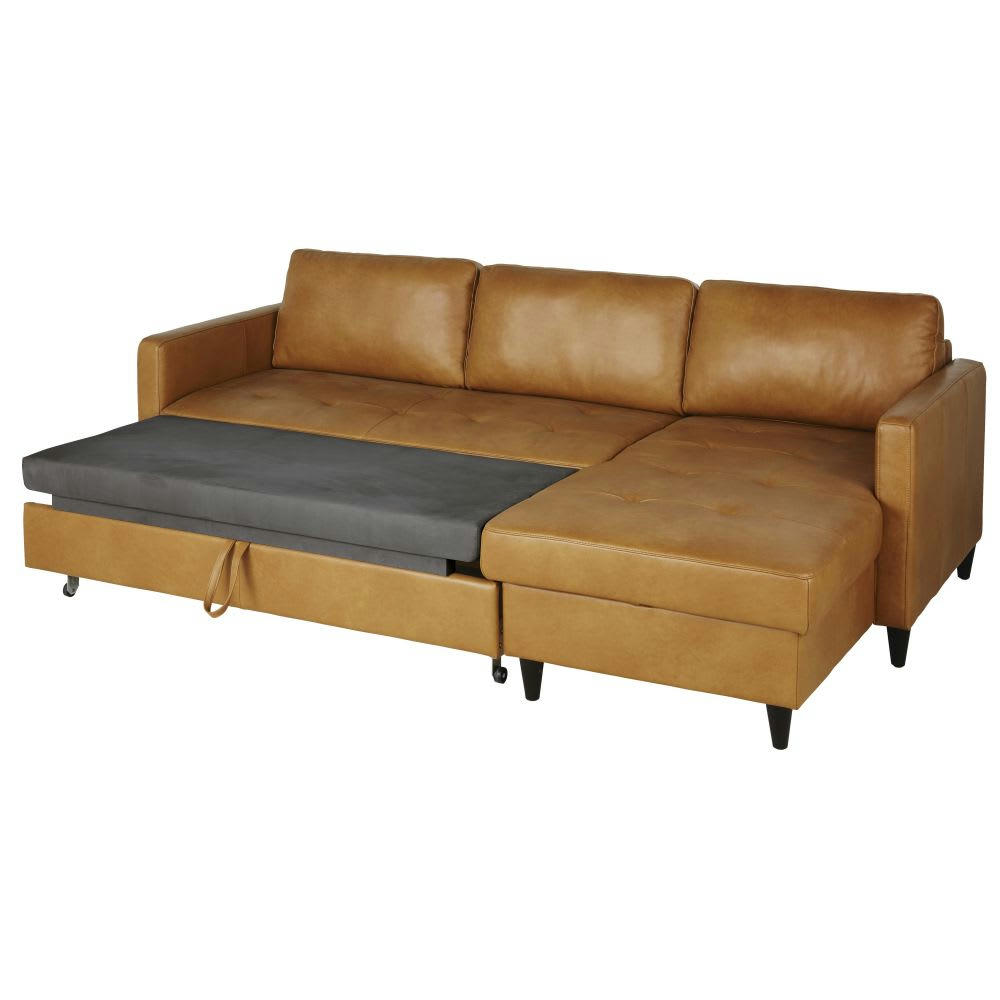Olivia - Canapé d'angle convertible 4/5 places en cuir caramel