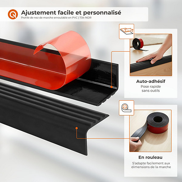 Nez de marche PVC Antidérapant 40x30 mm QUEST, Profil autocollant en rouleau, 6m, noir