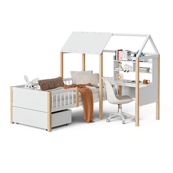 Lit enfant 90x200 cm, barrières, bureau L, tiroirs, bois massif - blanc