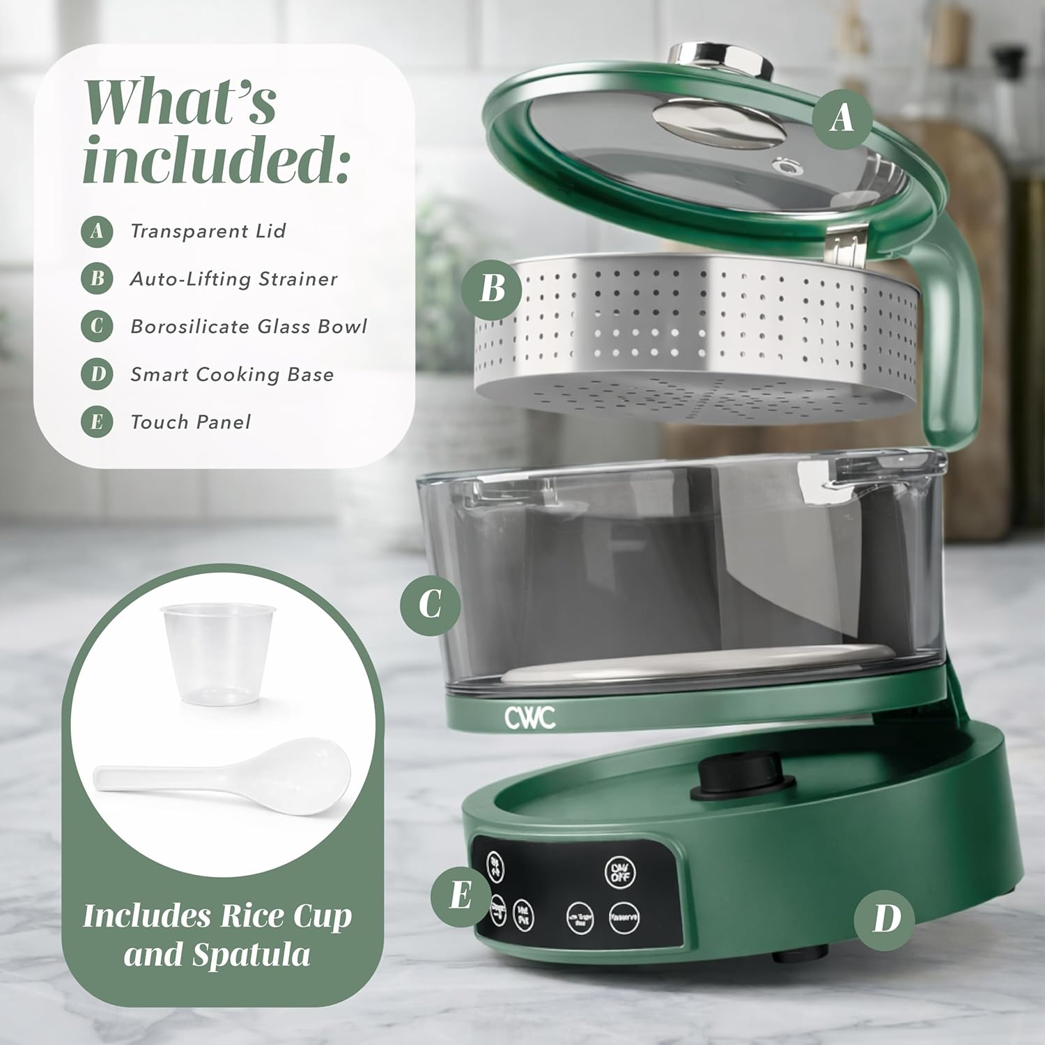 COOK WITH COLOR 3L Glass Mini Low Carb Rice Cooker – Holds 2 Cups Raw/Makes 6 Cups Cooked with Auto Lift Filter Basket, Hotpot & Steamer for Rice, Grains, Digital Panel with Keep Warm, Dark Sage