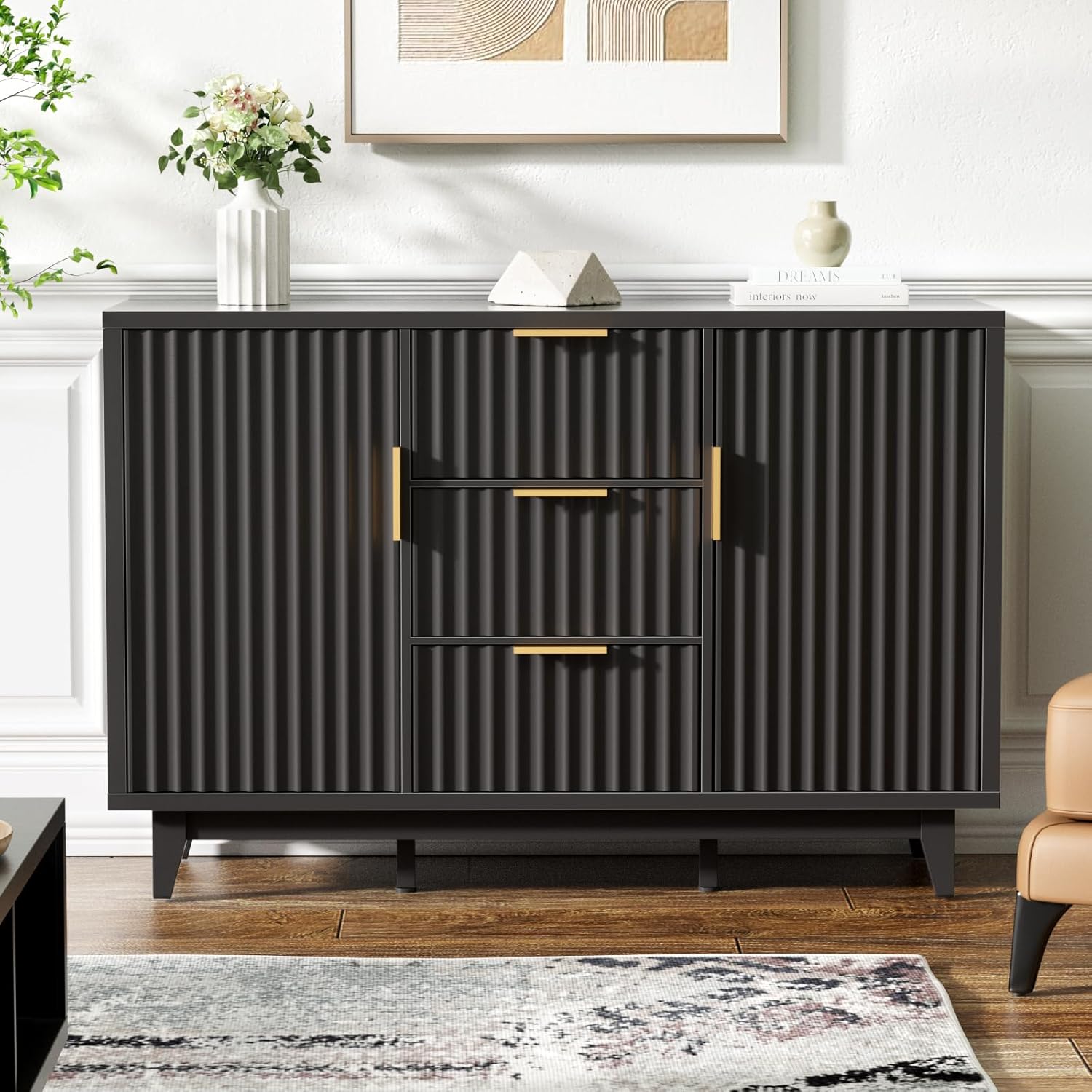 47.2 W Storage Cabinet with 3 Drawers, Fluted Buffet Cabinet with Storage, Large Sideboard with 2 Door, Modern Mid Century TV Stand Coffee Bar Cabinets for Living Room, Kitchen, Entryway