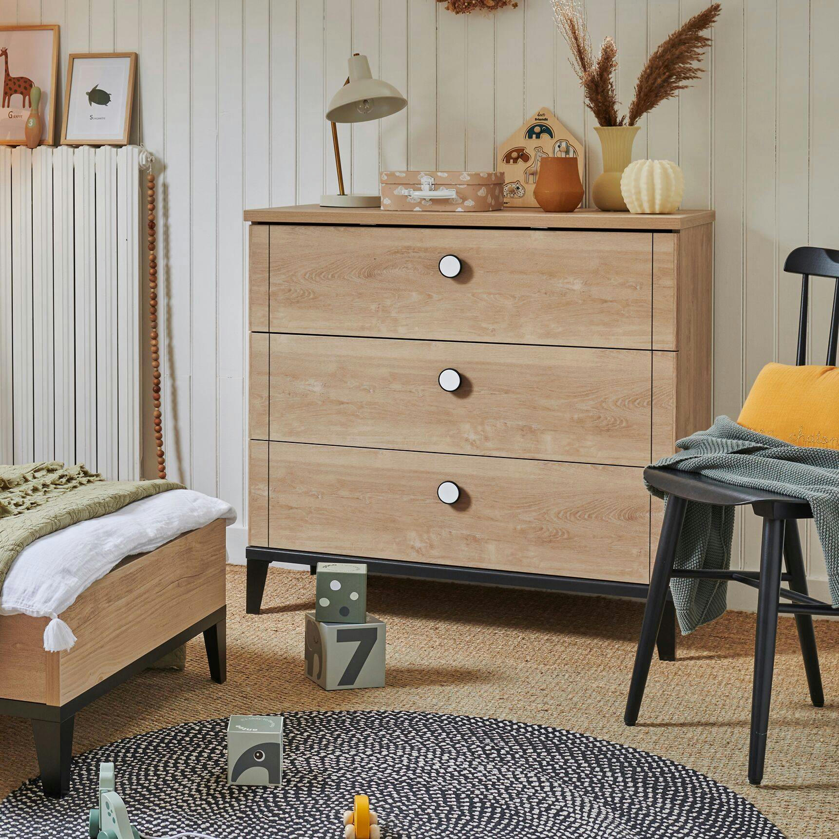 GAELLE - Commode 3 tiroirs effet bois clair et noir