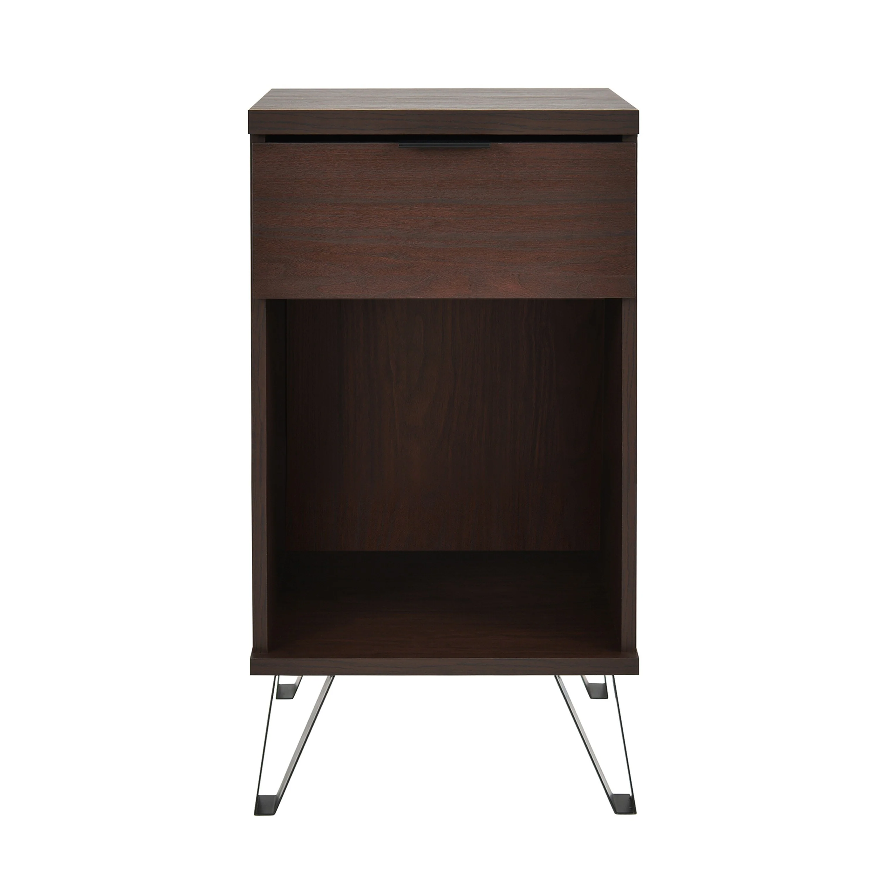 Livy Nightstand, 1 Drawer, Black Iron Legs, Walnut Brown, 27 Inch