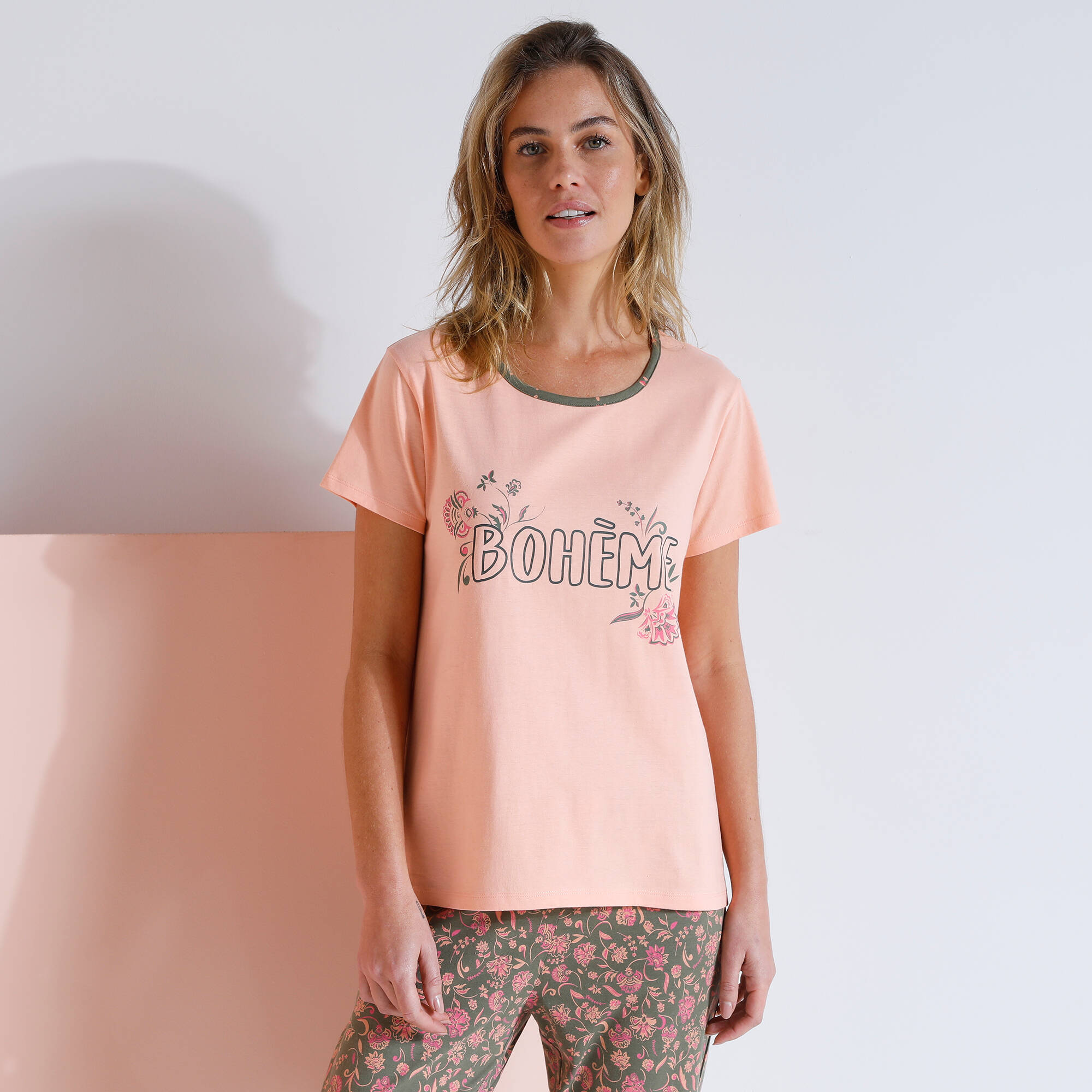 T-shirt manches courtes coton uni imprimé placé "Bohème"
