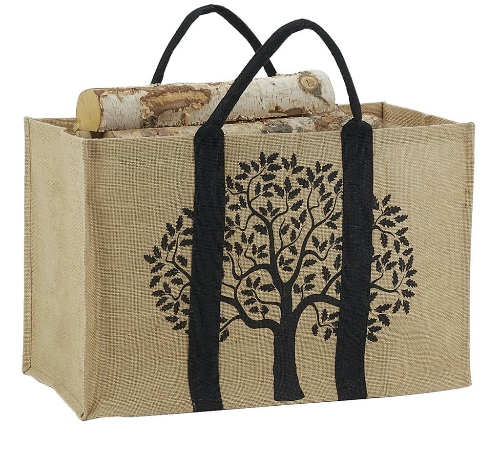 - Sac à bûches en jute motif noir arbre