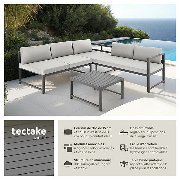 Ensemble 3 pièces canapé jardin modulable 5 places gris