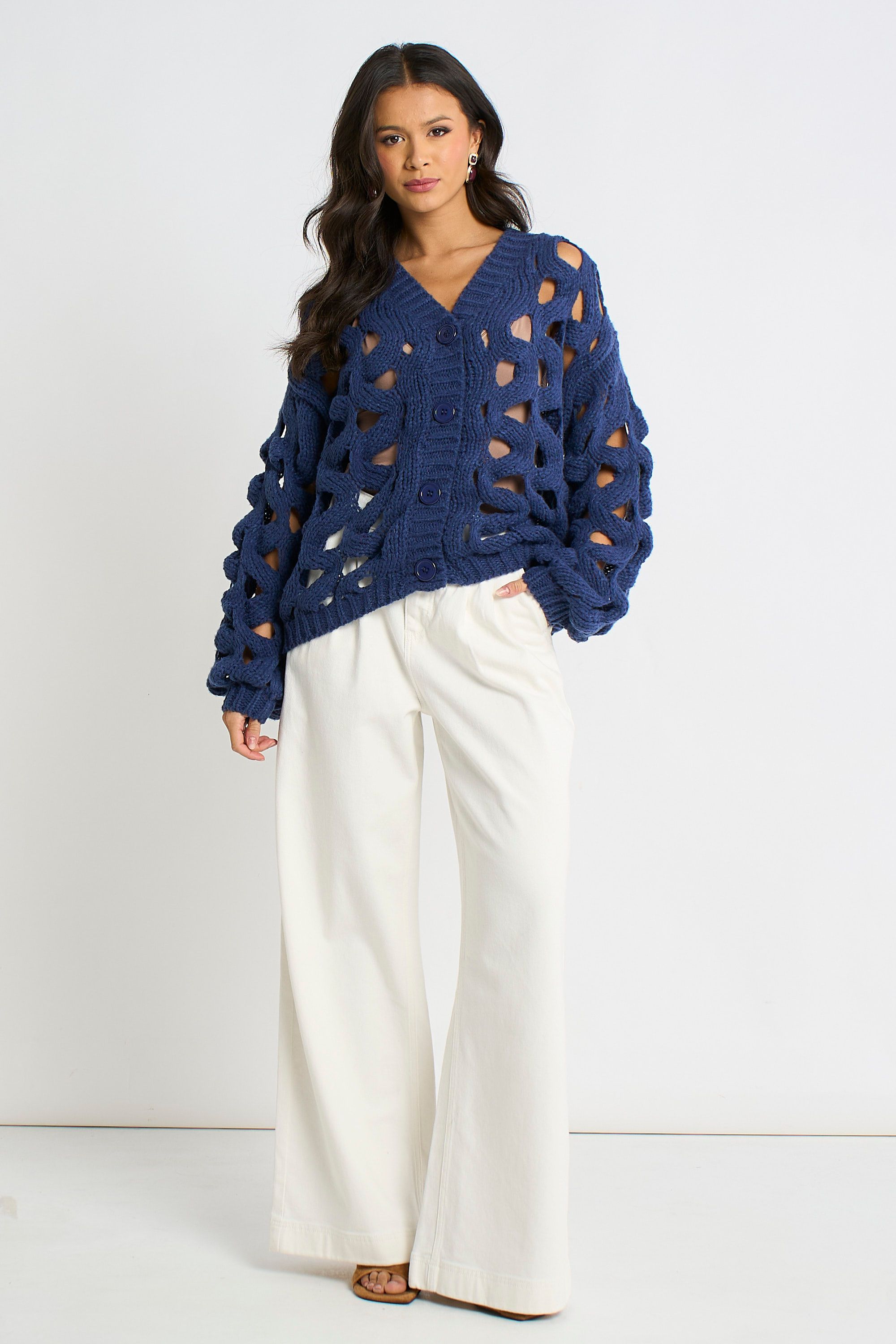 Gini London Navy Hollow Chunky Knit Cardigan
