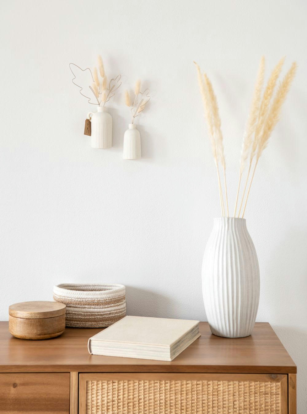 COLETTE - Déco murales vases, fleurs séchées et feuilles en métal  (x2) 5x25