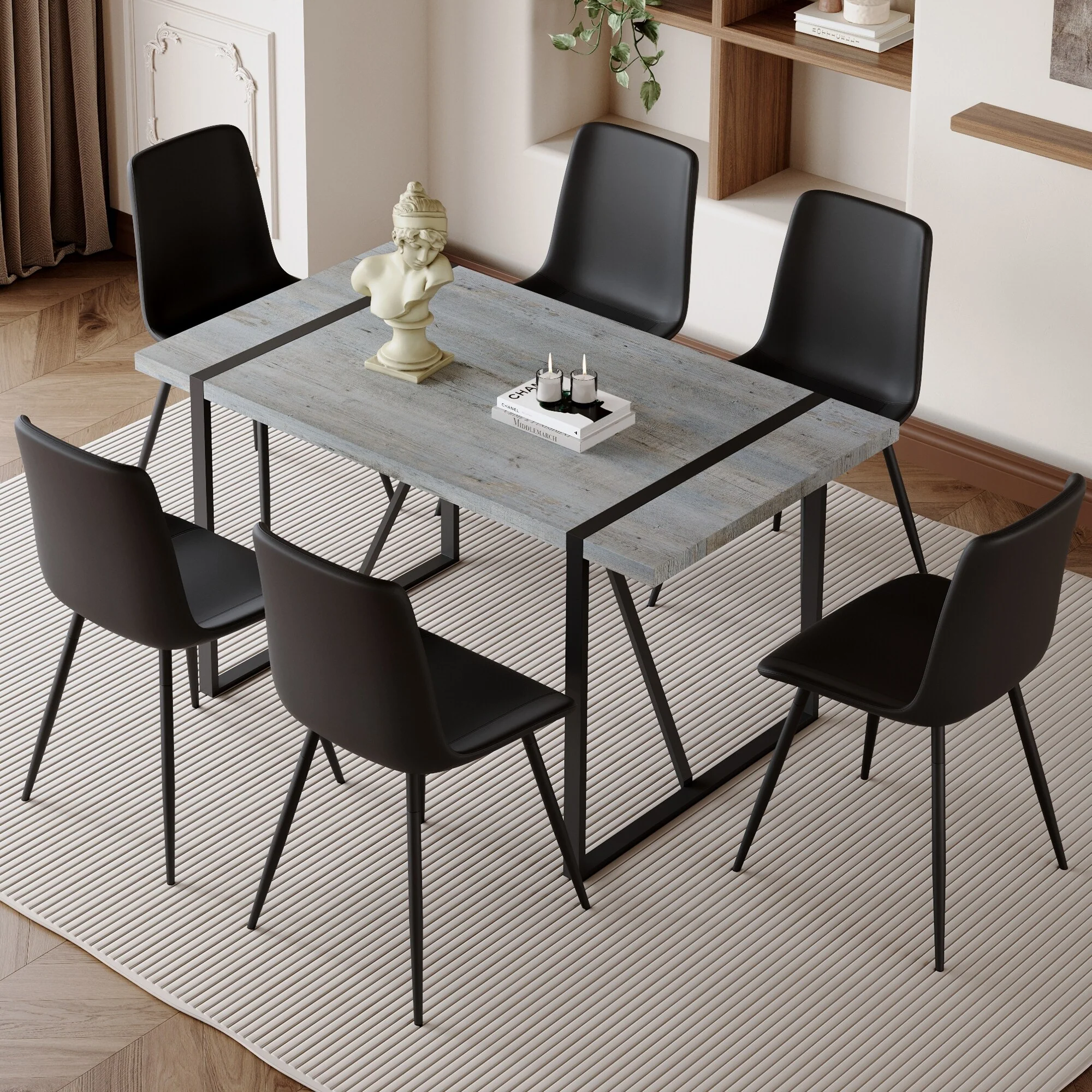 Modern Dining Set with Rectangular Metal Frame Table and Upholstered Dining Chairs
