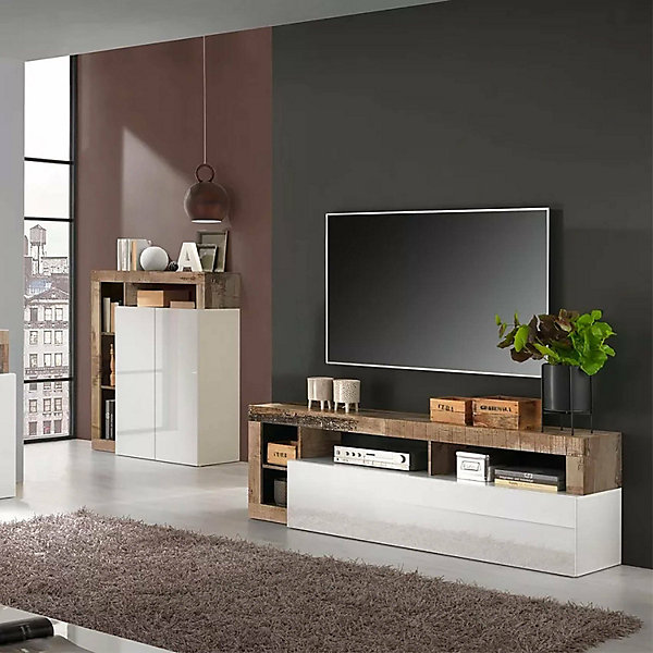 Meuble TV Dbald, Buffet de salon, Armoire basse pour TV, Base murale de rangement, 184x42 h58 cm, Blanc brillant et Acacia