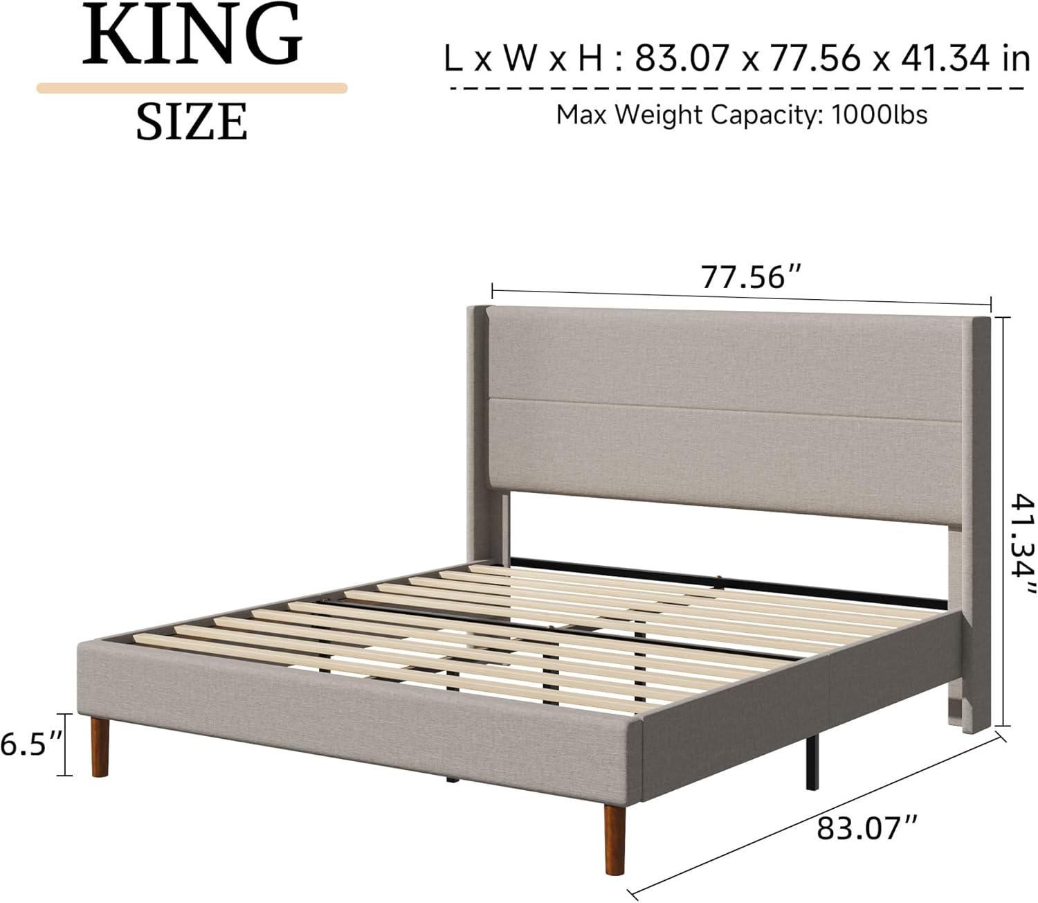 King Size Bed Frame, Linen Upholstered Platform with Wingback Headboard, Wooden Slats Support, No Box Spring Needed, Easy Assembly, Beige