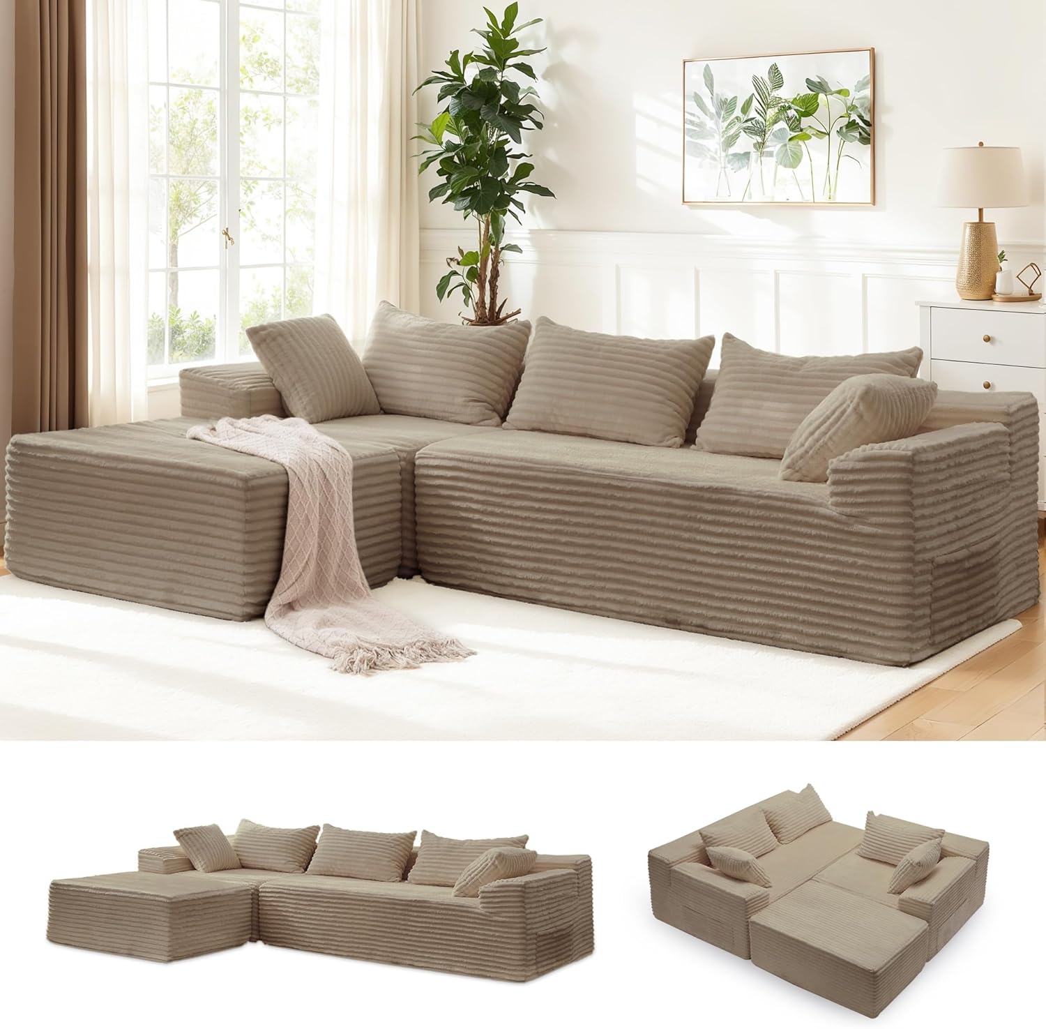 Korser 110 L-Shaped Modular Sectional Sofa with Chaise, Boneless Comfy Corduroy Fluffy Couch with Deep Seat and Side Pockets, Flexible Module Combination for Living Room, No Assembly, Side Pockets