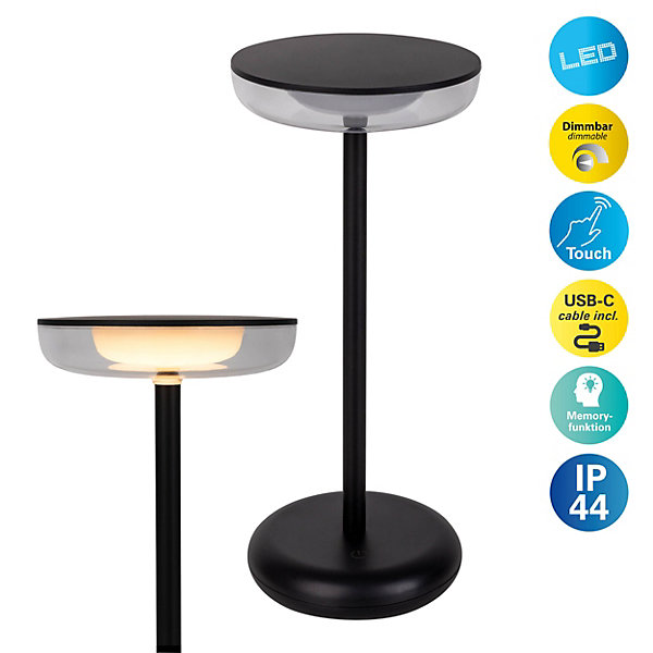 Lampe de table à accu PASI intérieur extérieur métal plastique noir intensité variable tactile fonction mémoire hauteur 26cm