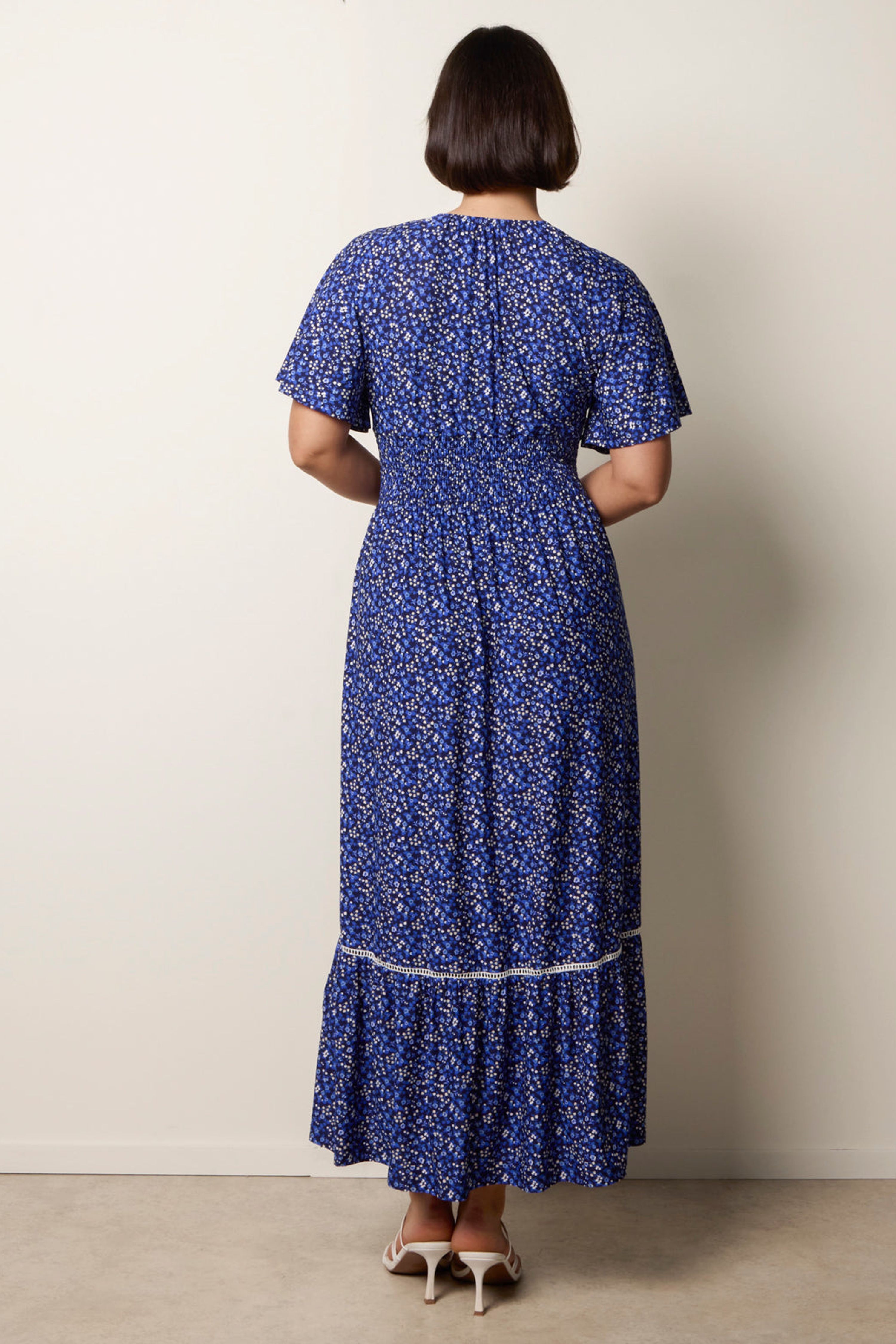 Blue Vanilla Blue Ditsy Floral Button Front Raglan Trim Dress