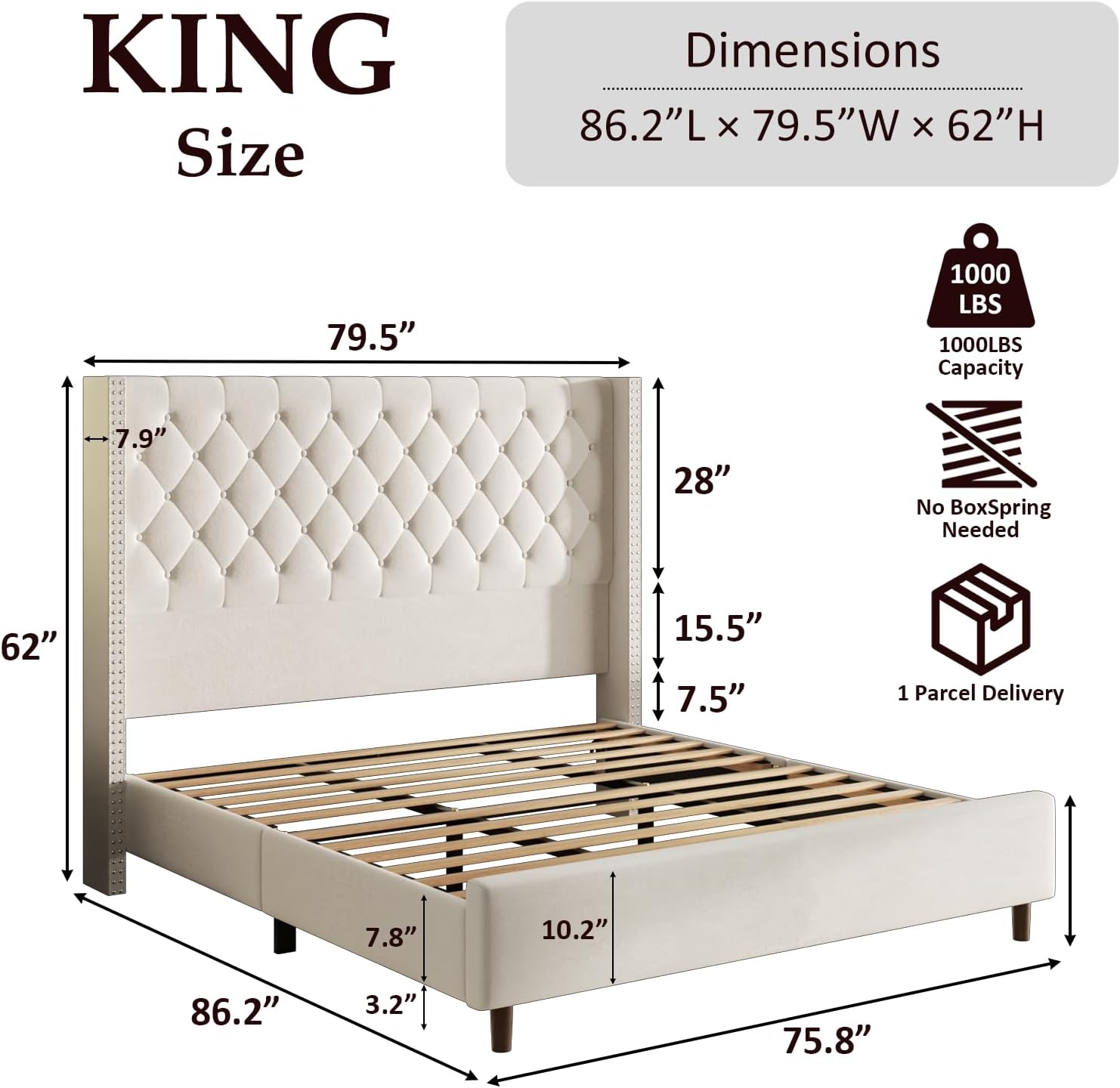 King Size Bed Frame, Upholstered Platform Bed with 62 Tall Wingback Headboard, Velvet Modern Luxury Design, No Box Spring Needed, Easy Assembly, Noise Free, Beige