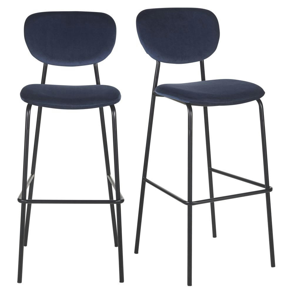 Oscarine Business - Lot de 2 chaises de bar professionnelles en velours bleu marine et métal noir