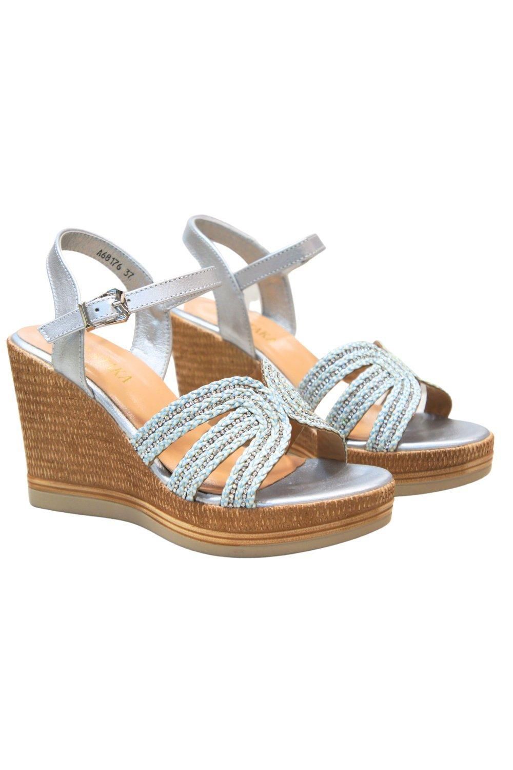 IVACHY Sparkling Crystal Shiny Buckle Wood Effect Wedge Heel Party Sandals