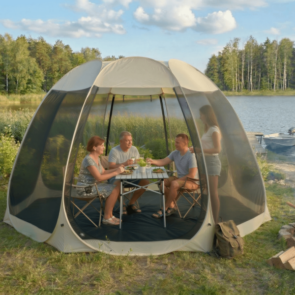 Pawilon Okrągły Altana Ogrodowa Namiot z Moskitierą Beżowy CAMA 350 cm