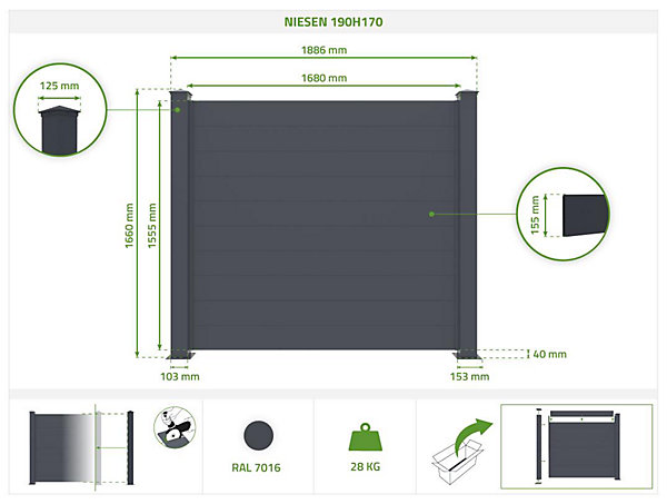 Lot de 20 clôtures aluminium 1,9m NIESEN H.170cm Gris