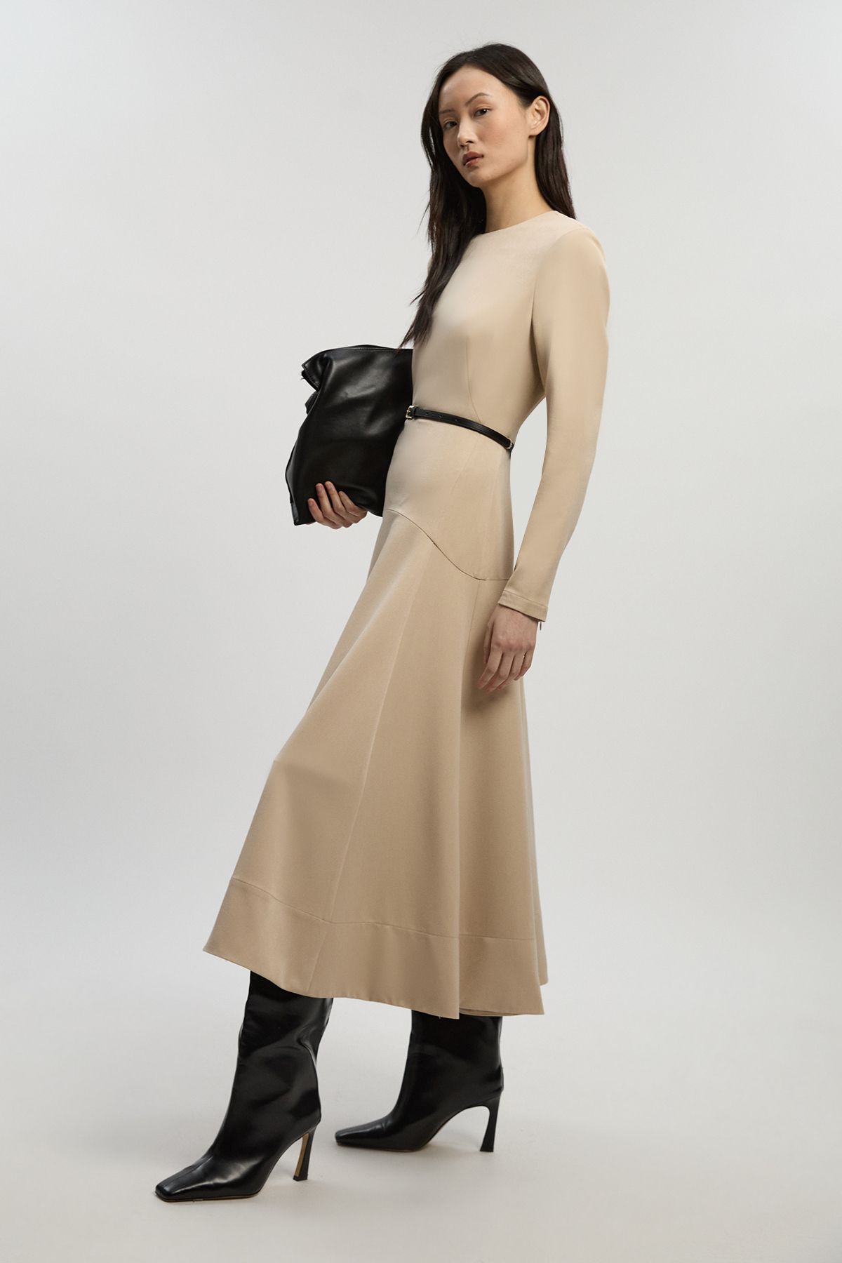 KarenMillen Twill Drop Waist Detail Long Sleeve Belted Woven Midi Dress