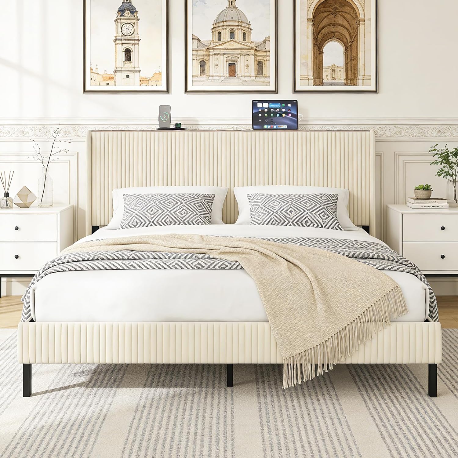 King Size Bed Frame,Upholstered Platform Bed Frame King Size with Vertical Channel Tufted Wingback Headboard/Charging Station/LED Light,Heavy Duty Metal Slats,No Box Spring Needed,Easy Assembly,Beige