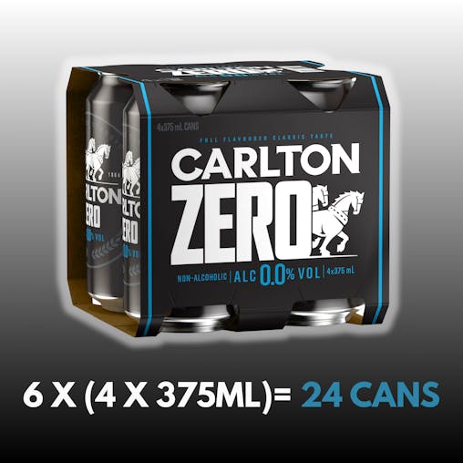 Carlton Zero, Non-Alcoholic Beer, Crisp & Clean Finish, 0% ABV, 375mL (Case of 24 Cans)