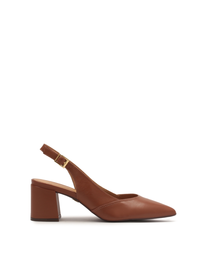 Brown pumps on a post with an open heel