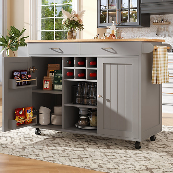 Îlot de Cuisine Multifonction avec Rangement et Plan de Travail, Buffet Design en MDF et Métal, Gris, 102x45x92 cm