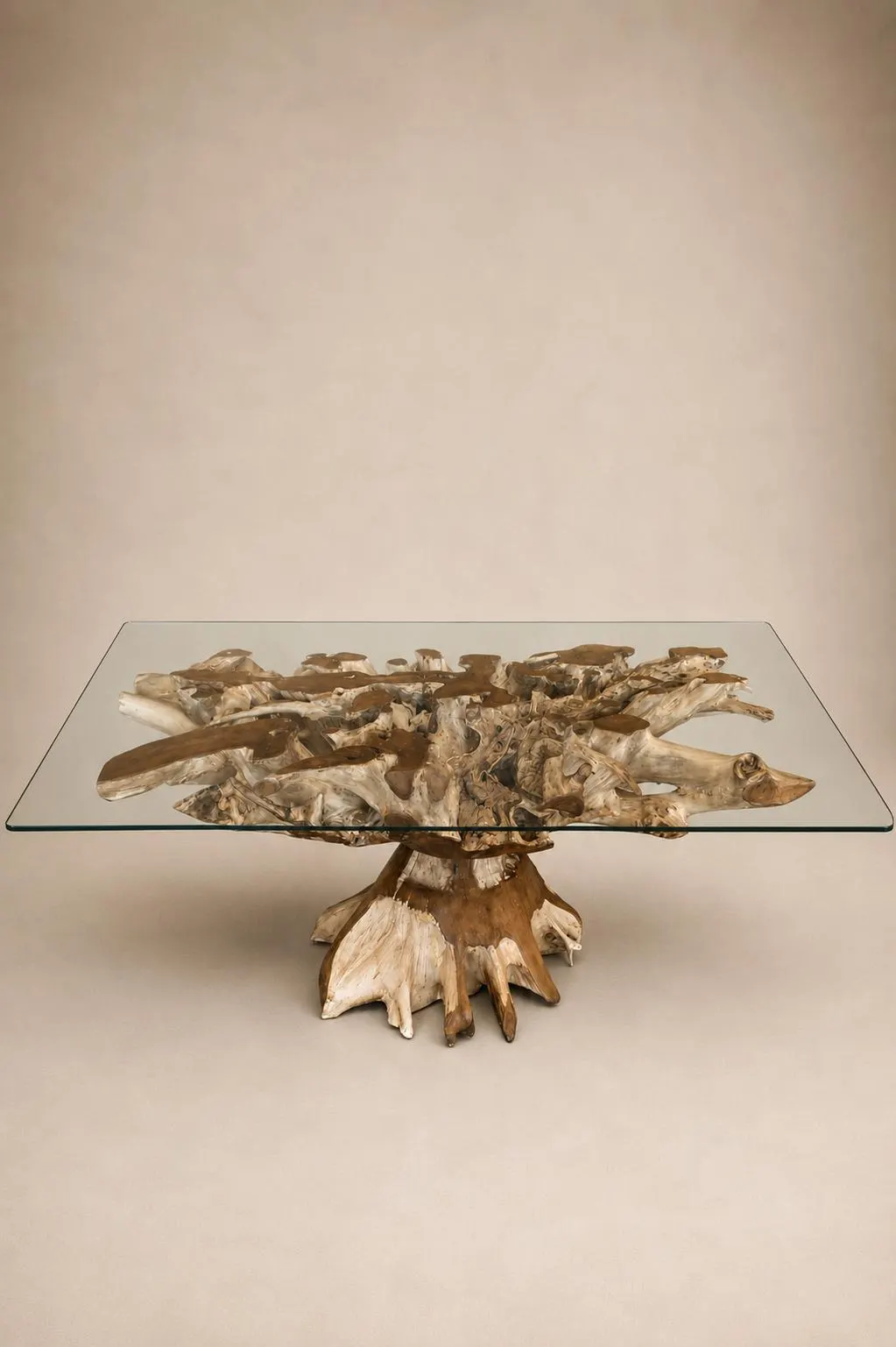 Teak Root Dining Table: Modern Tempered Glass Top, Live Edge