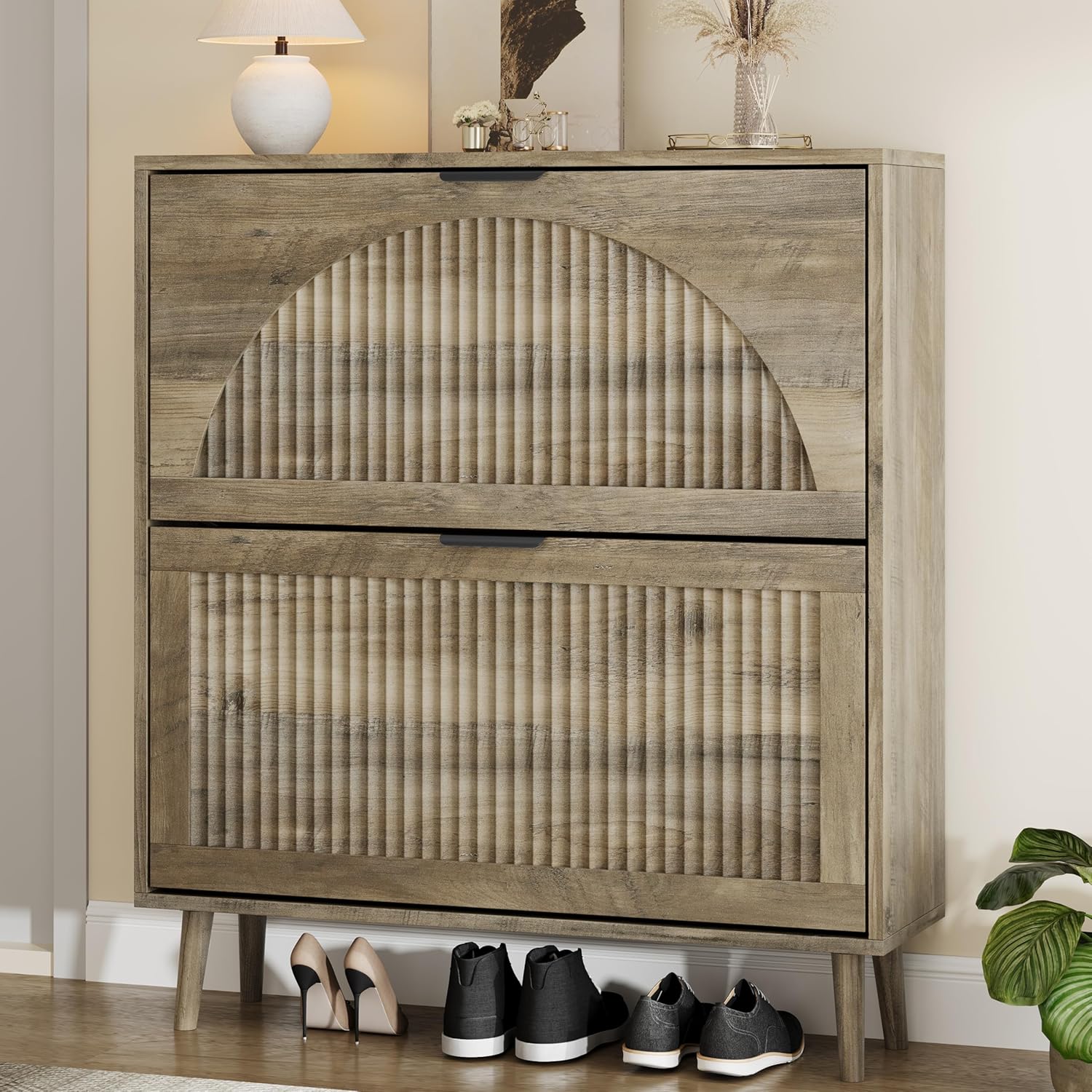 Shoe Storage Cabinet with 2 Flip Drawers, Narrow Wood Shoe Organizer Cabinet with Fluted Panel, Slim Shoe Rack for Entryway, Freestanding Shoe Cabinet for Living Room, Hallway, Grey