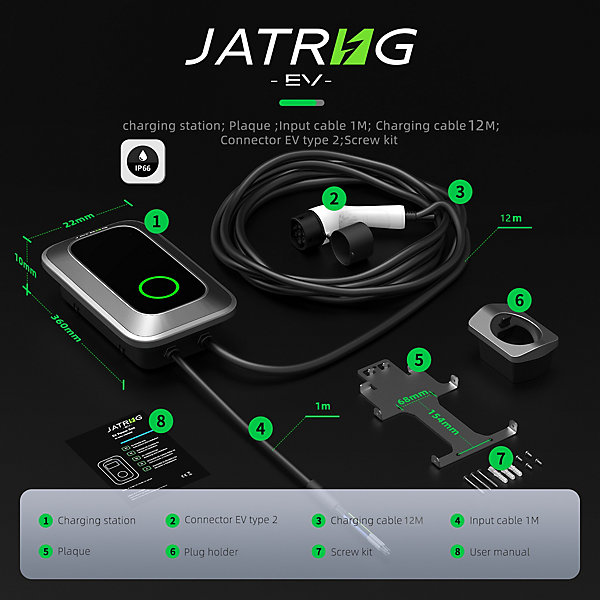 JATRHG S1 borne de recharge IP66 pour véhicules électriques, 7,2 kW / 32 A, monophasé, avec câble type 2 de 12 m