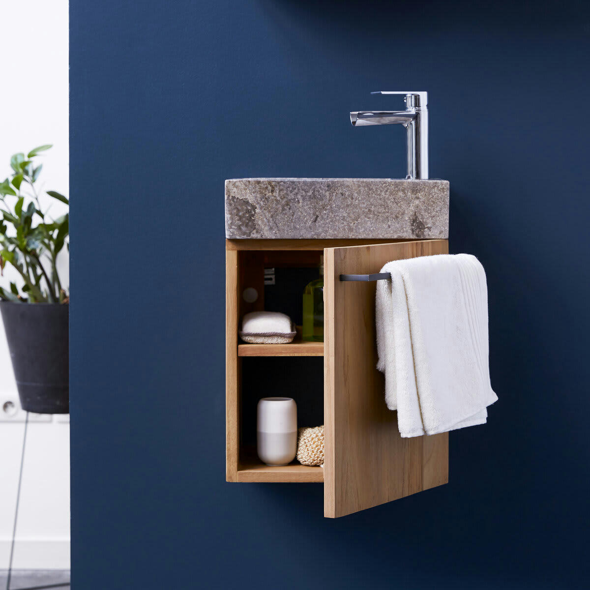 STELLE - Meuble Lave main en teck massif et marbre grey