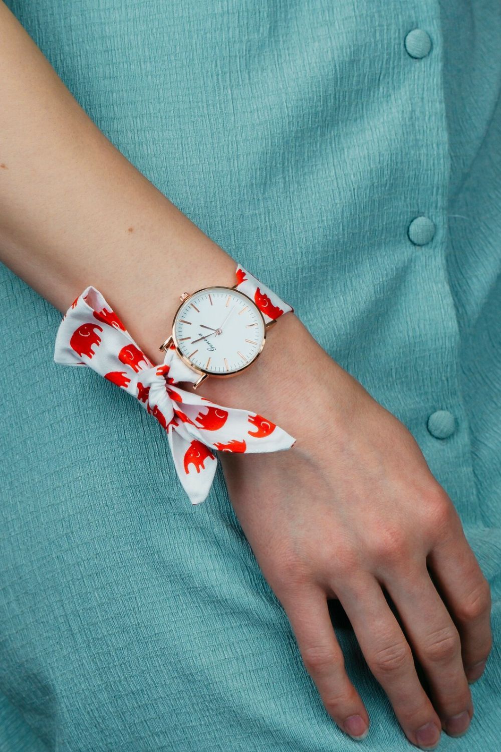 The Colourful Aura Red Elephant Print Changeable Fabric Strap Boho Tie Wristwatch