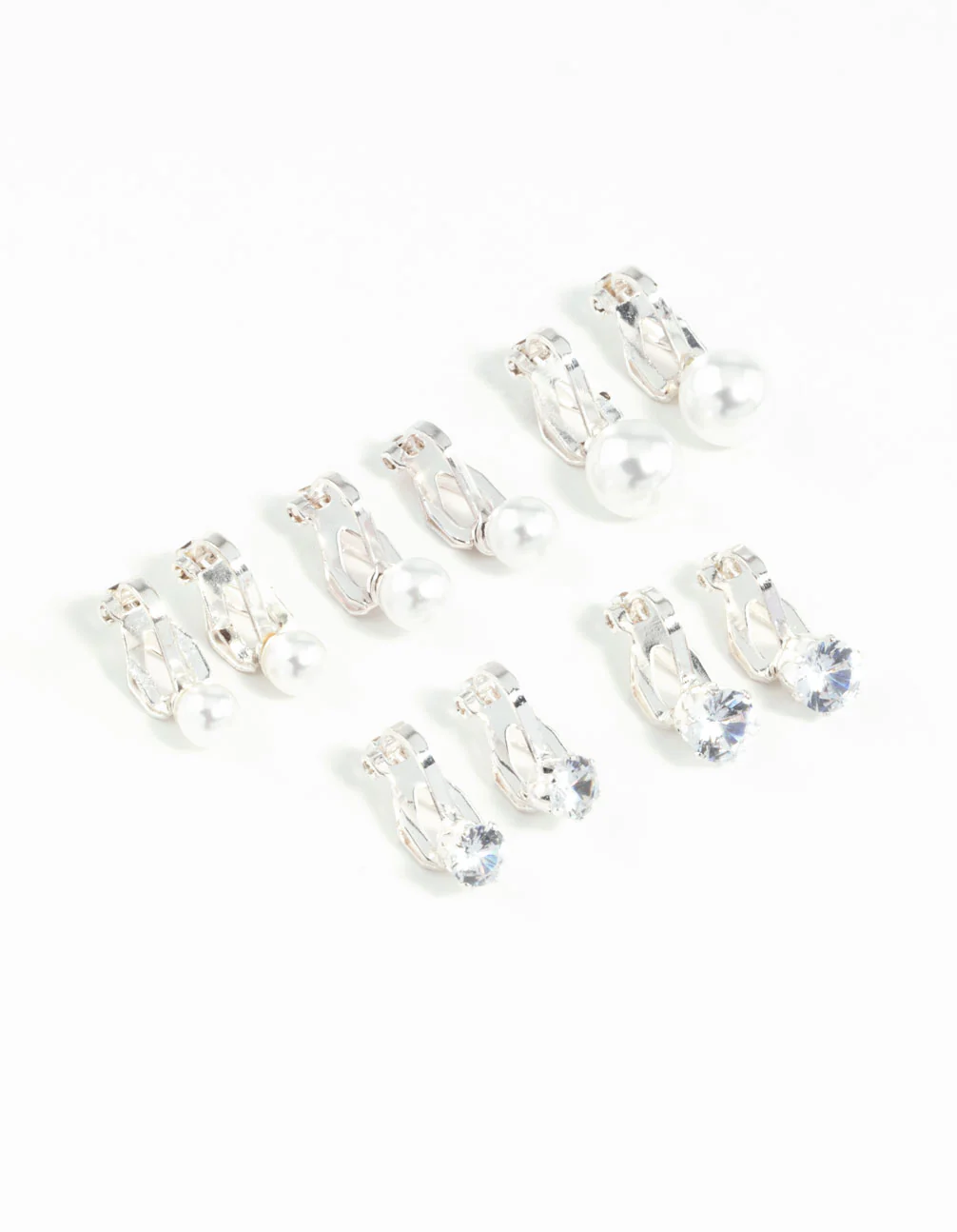 Silver Pearl & Diamante Clip On Earrings 5-Pack