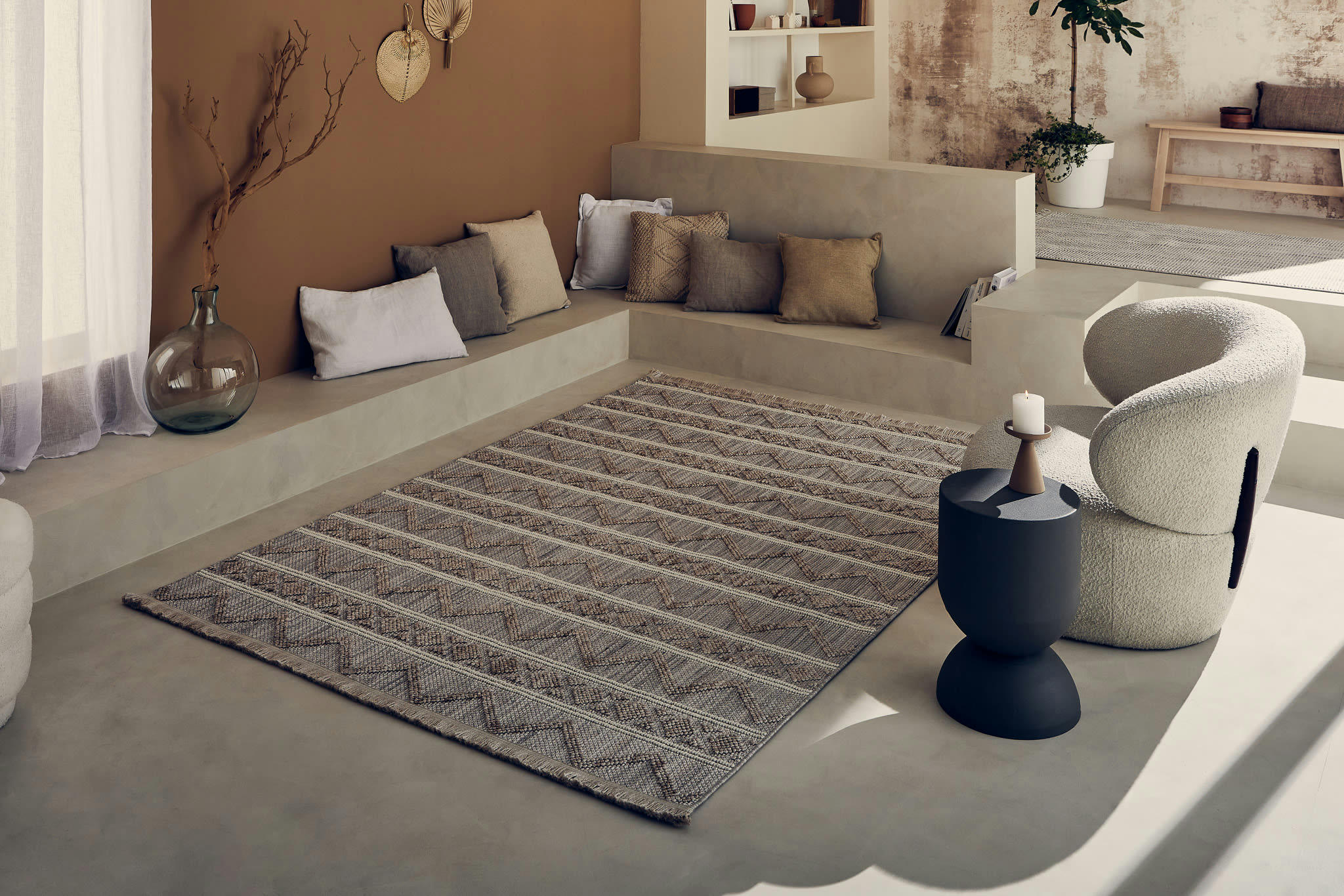 BALI - Tapis à franges  motif en relief beige 80x150