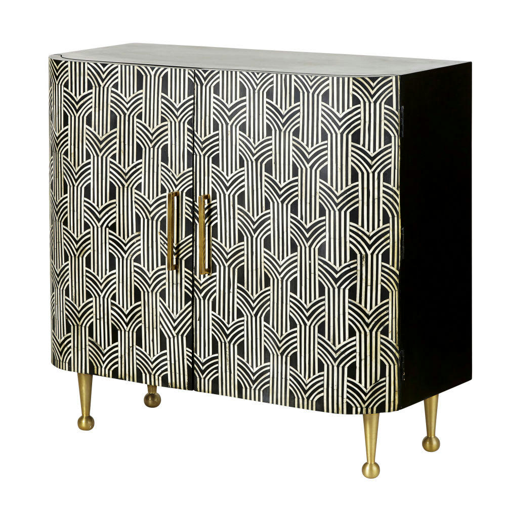 Ringo - Buffet 2 portes noir motifs en marqueterie d'os