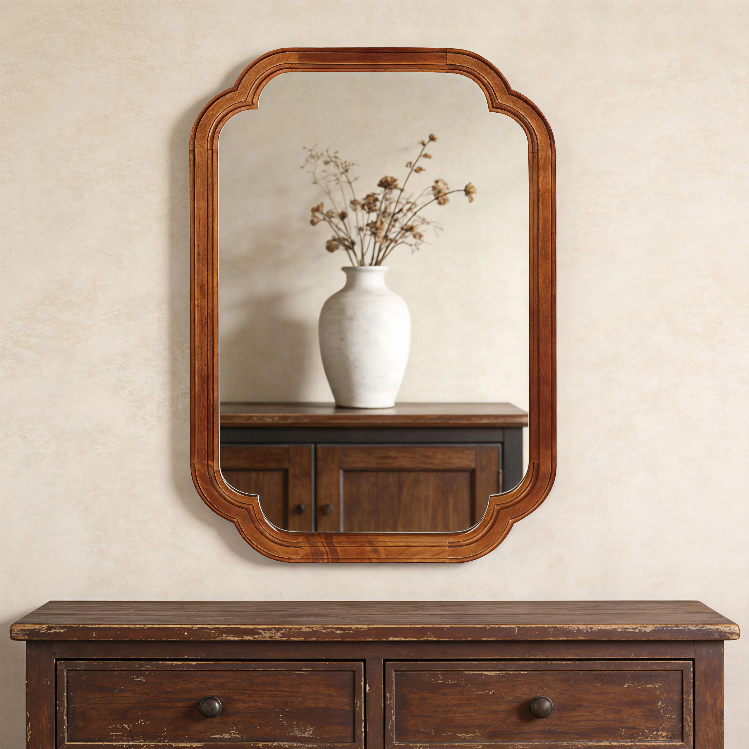 Solid Pine Cat Ear Wall Mirror, 20x30 Inch Honey Brown Stain Wood Wall Decor