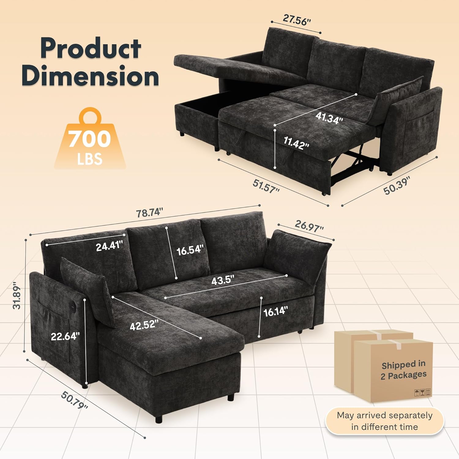 FLEXISPOT XB5 78 Pull Out Couch Bed with Storage Chaise, 2-in-1 Convertible Sofa Bed with USB Charging Ports, 3-Seater Sectional Sofa Couch for Living Room Apartment, Easy to Assemble(Dark Gray)