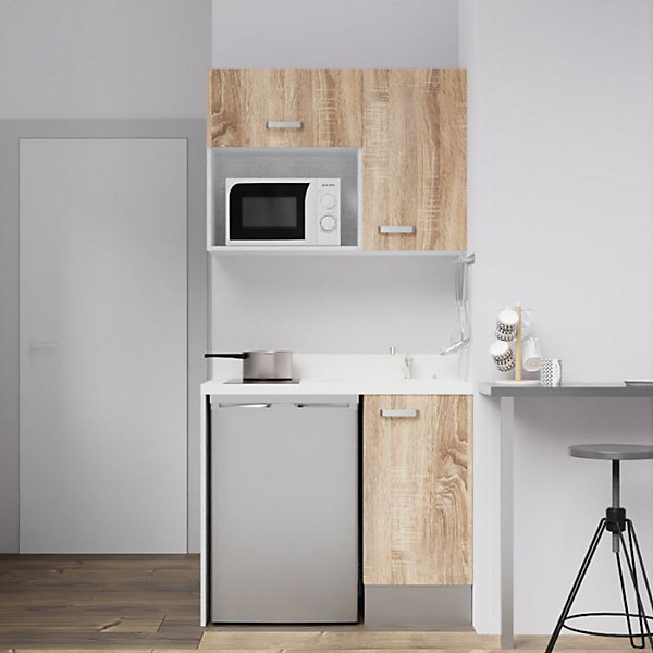 Kitchenette K00 - 100 cm - façades Bois - Plan monobloc en quartz coloris Snova évier à droite
