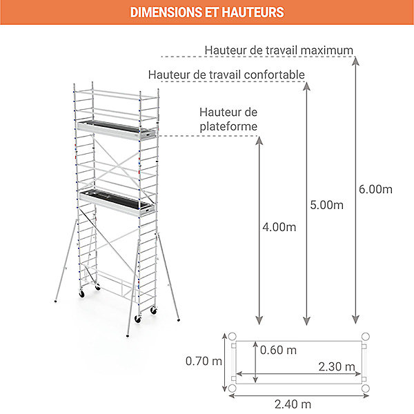 Echafaudage roulant aluminium - Hauteur de travail max 6.00m - TOS424L
