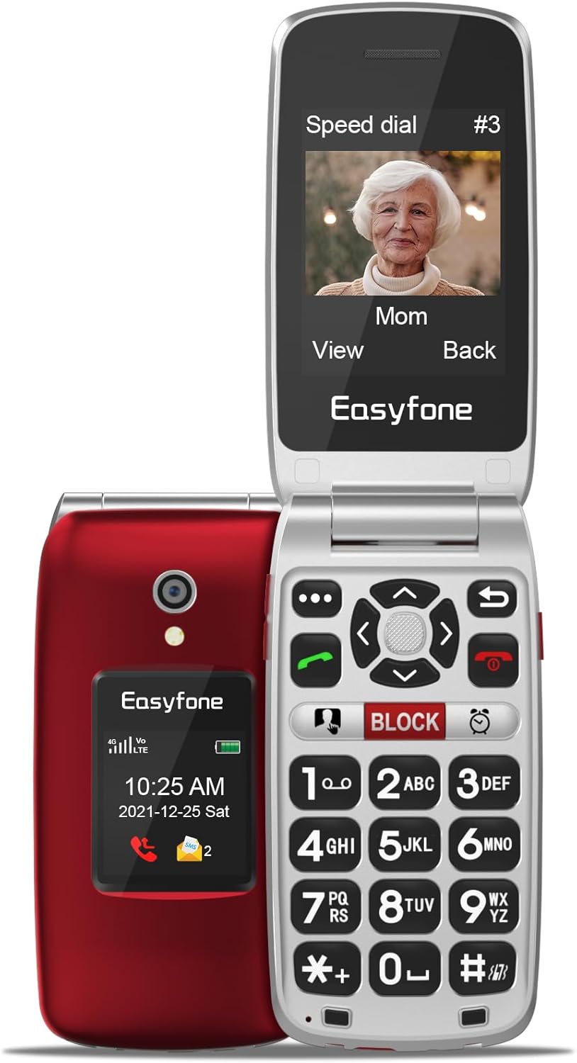 Easyfone Prime-A1 Pro Unlocked 4G Flip Cell Phone for Seniors | Easy-to-Use | Big Buttons | Clear Sound | SOS & Block Button | Photo Speed Dial | SIM Card Included and Charging Dock (Red)