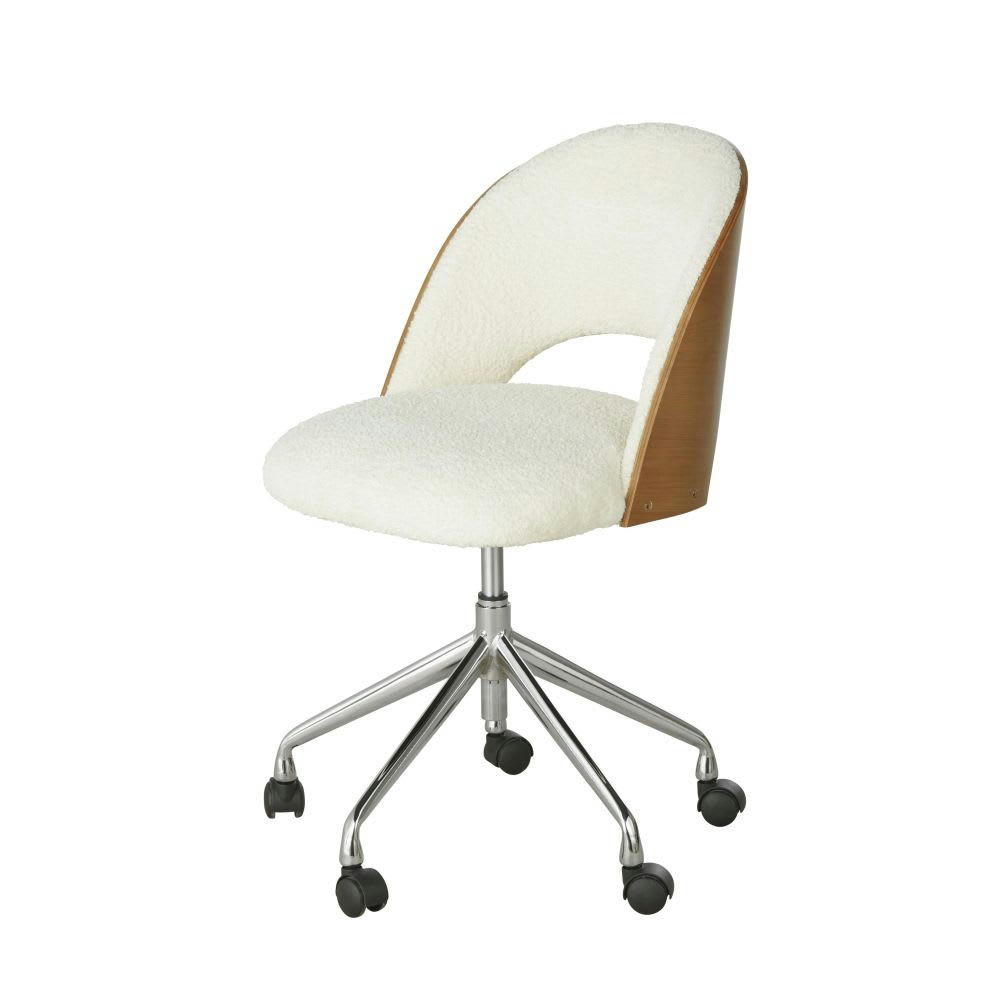 Sysley - Chaise de bureau réglable à roulettes tissu écru effet laine bouclée