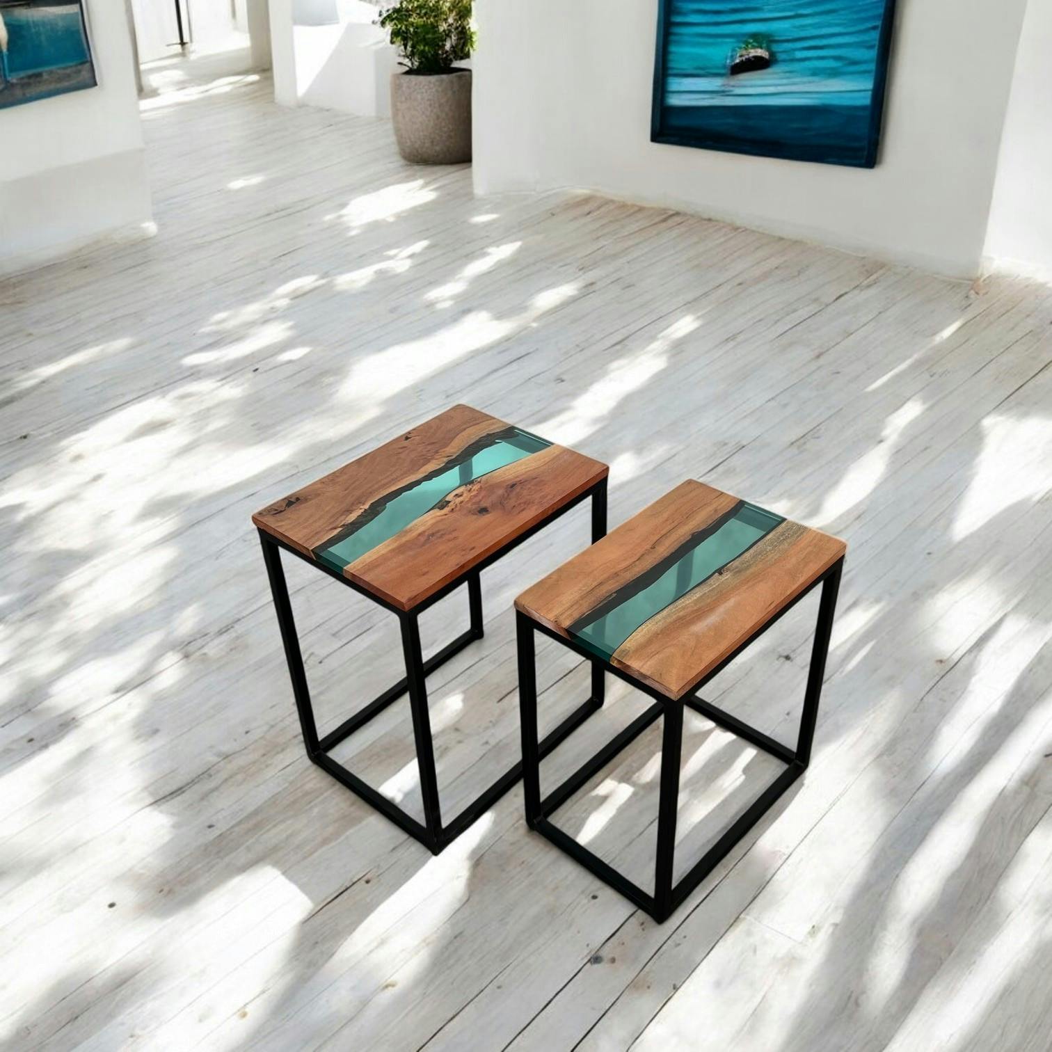 Table basse gigogne époxy lagon et bois d'acacia (lot de 2) BORA