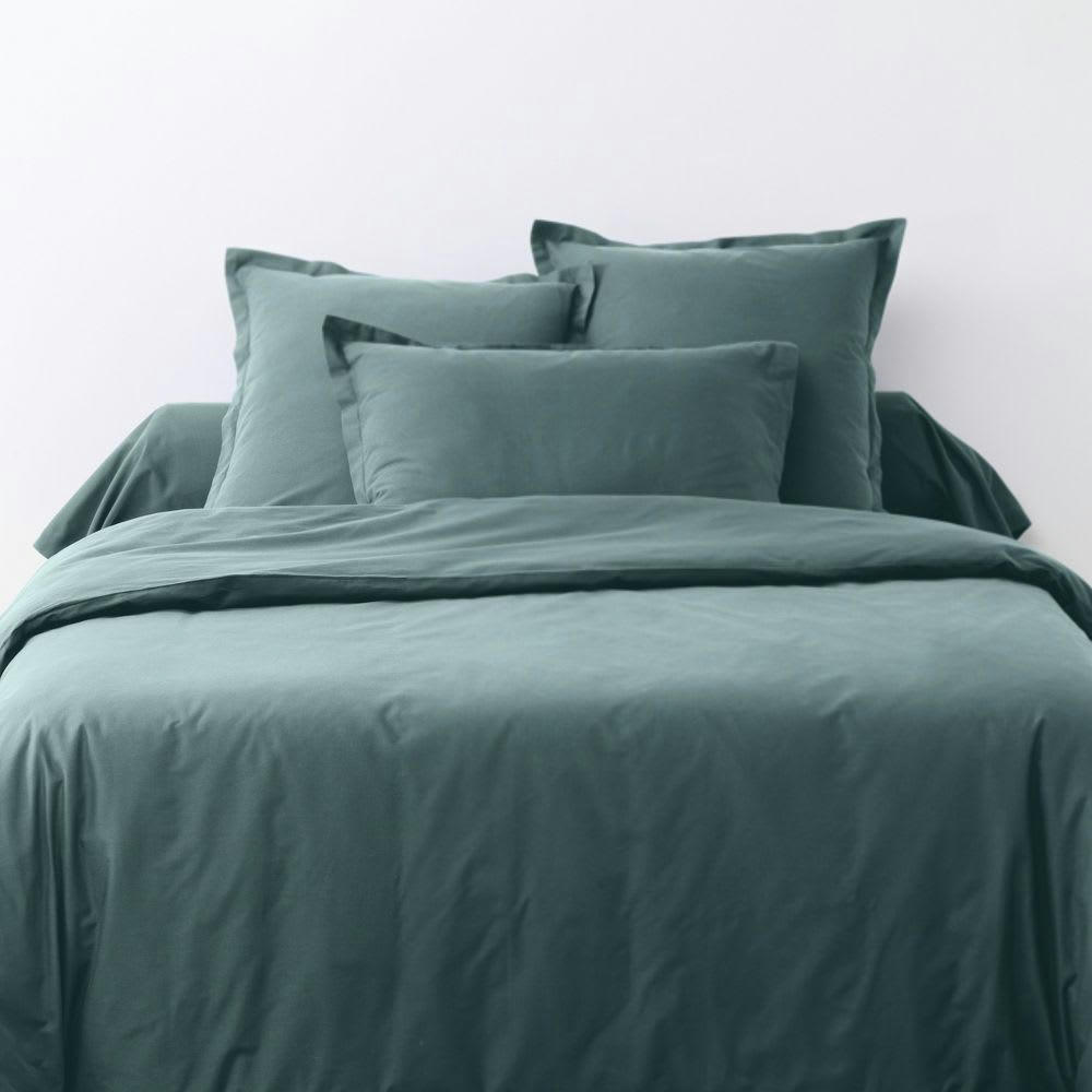 - Parure de lit 2 places coton unie bleu canard 240x260 cm