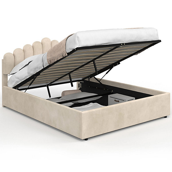 Lit coffre double NOELIE avec tête de lit et sommier 140 x 190 cm velours beige