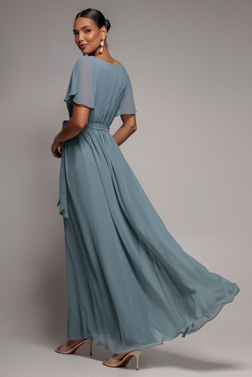 Goddiva Chiffon Flutter Sleeve Wrap Maxi Dress