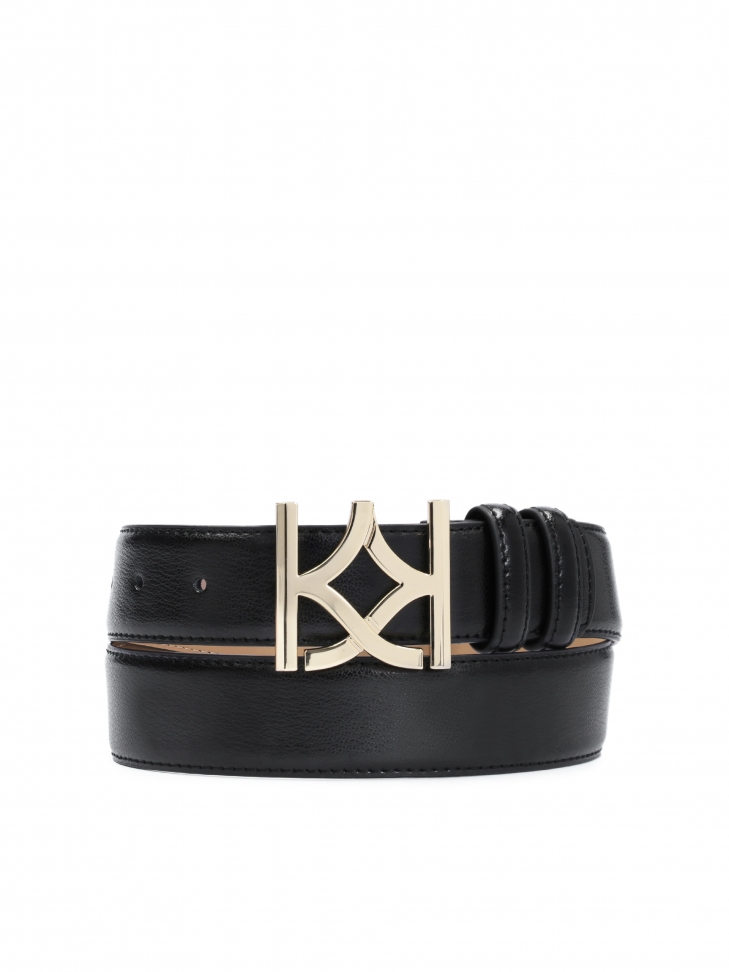 Black leather women's belt with large buckle